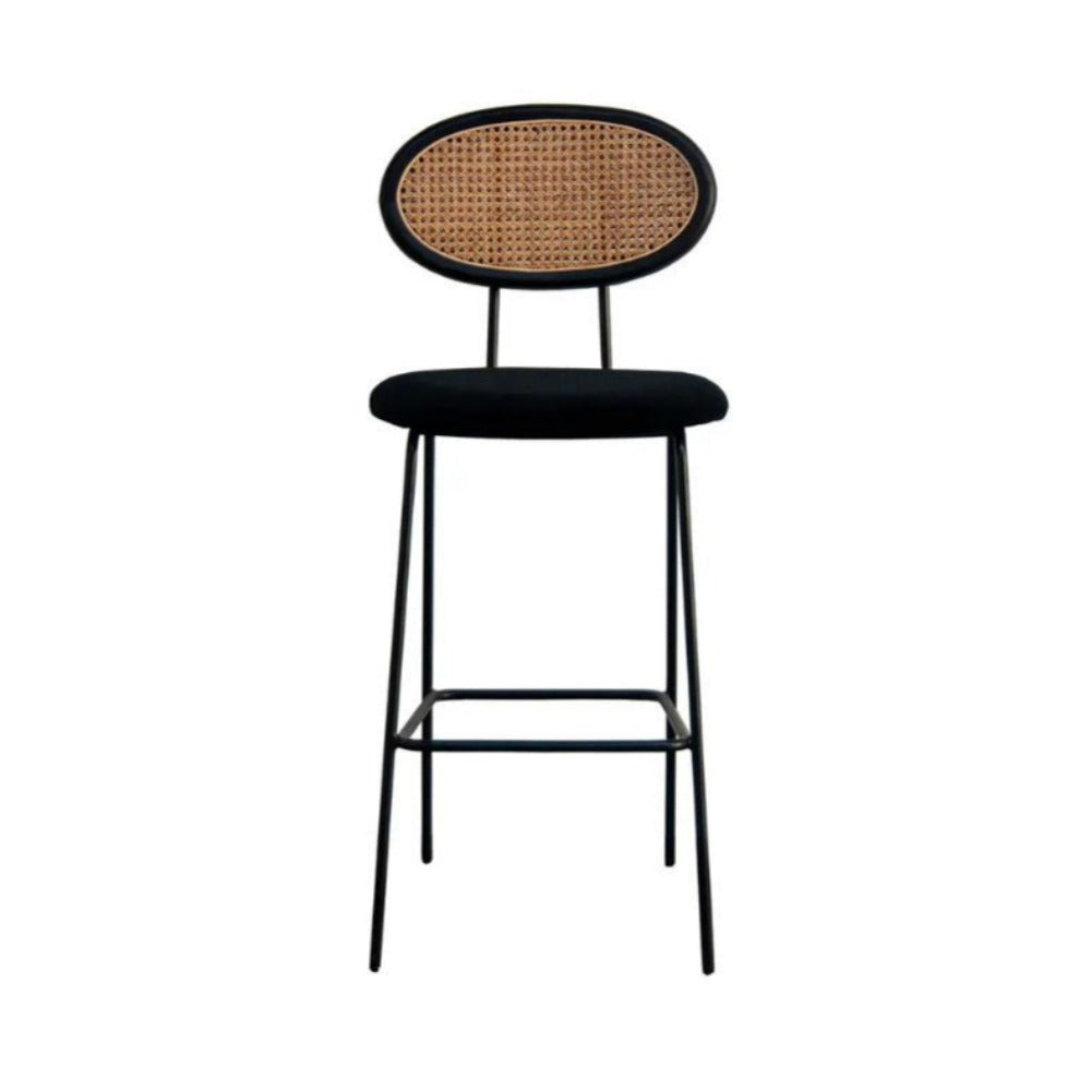 FURNIFIED Bar Stool Dublin Black Velvet Rattan 73cm