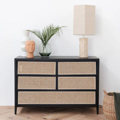 FURNIFIED Chest Of Drawers Wesley Black Wood Rattan 120cm