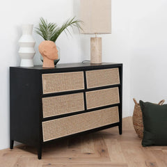 FURNIFIED Chest Of Drawers Wesley Black Wood Rattan 120cm