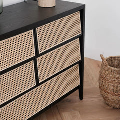 FURNIFIED Chest Of Drawers Wesley Black Wood Rattan 120cm