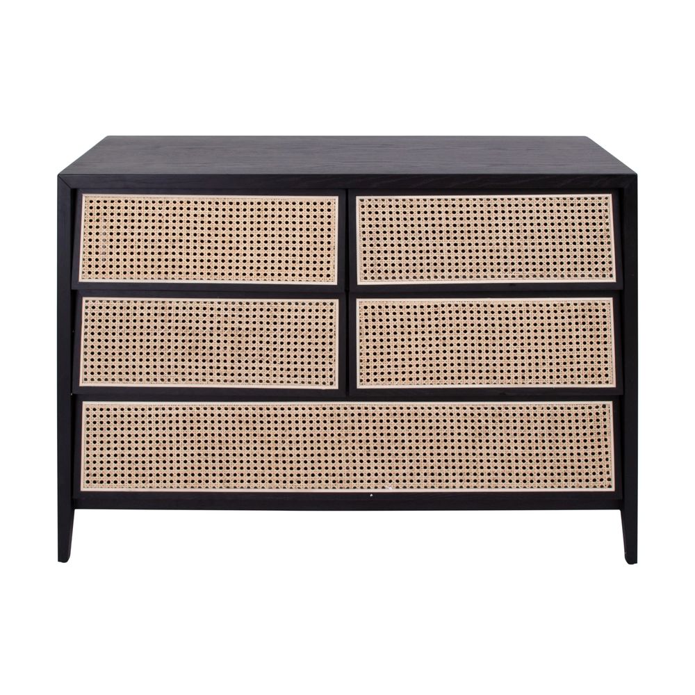 FURNIFIED Chest Of Drawers Wesley Black Wood Rattan 120cm