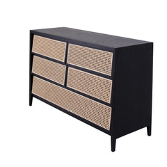 FURNIFIED Chest Of Drawers Wesley Black Wood Rattan 120cm