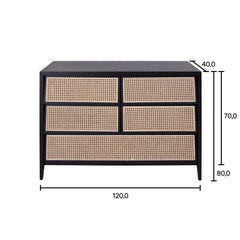 FURNIFIED Chest Of Drawers Wesley Black Wood Rattan 120cm