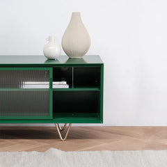 FURNIFIED TV Sideboard Oskar Glass Door Green Wood 150 cm