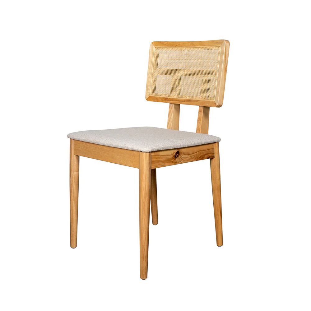 FURNIFIED Dining Chair Charles Oak Rattan White Fabric