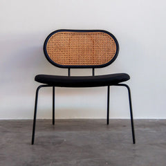 FURNIFIED Lounge Chair Retro Rattan Wood Black Velvet