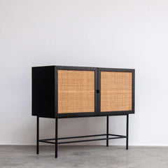 FURNIFIED Storage Cabinet Comino Rattan Black Wood 110cm