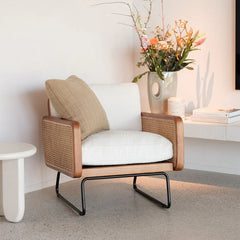 FURNIFIED Armchair Lisse Walnut Rattan White Terry Fabric