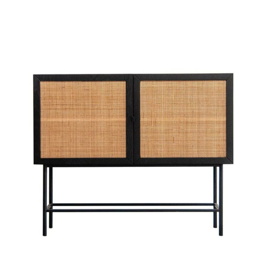 FURNIFIED Storage Cabinet Comino Rattan Black Wood 110cm