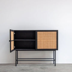 FURNIFIED Storage Cabinet Comino Rattan Black Wood 110cm