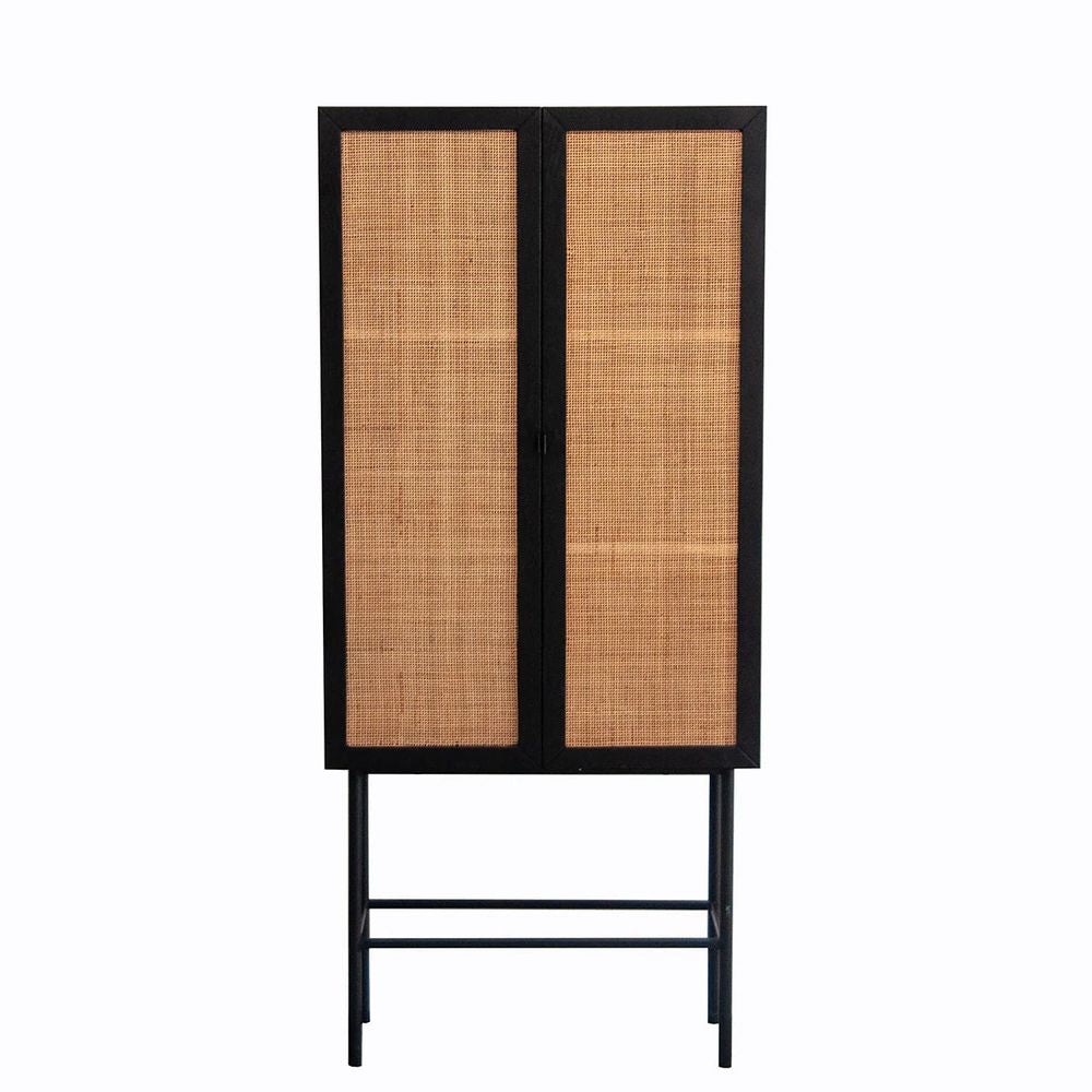 FURNIFIED Storage Cabinet Webbing Black Wood Rattan 155cm