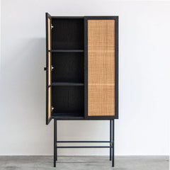 FURNIFIED Storage Cabinet Webbing Black Wood Rattan 155cm