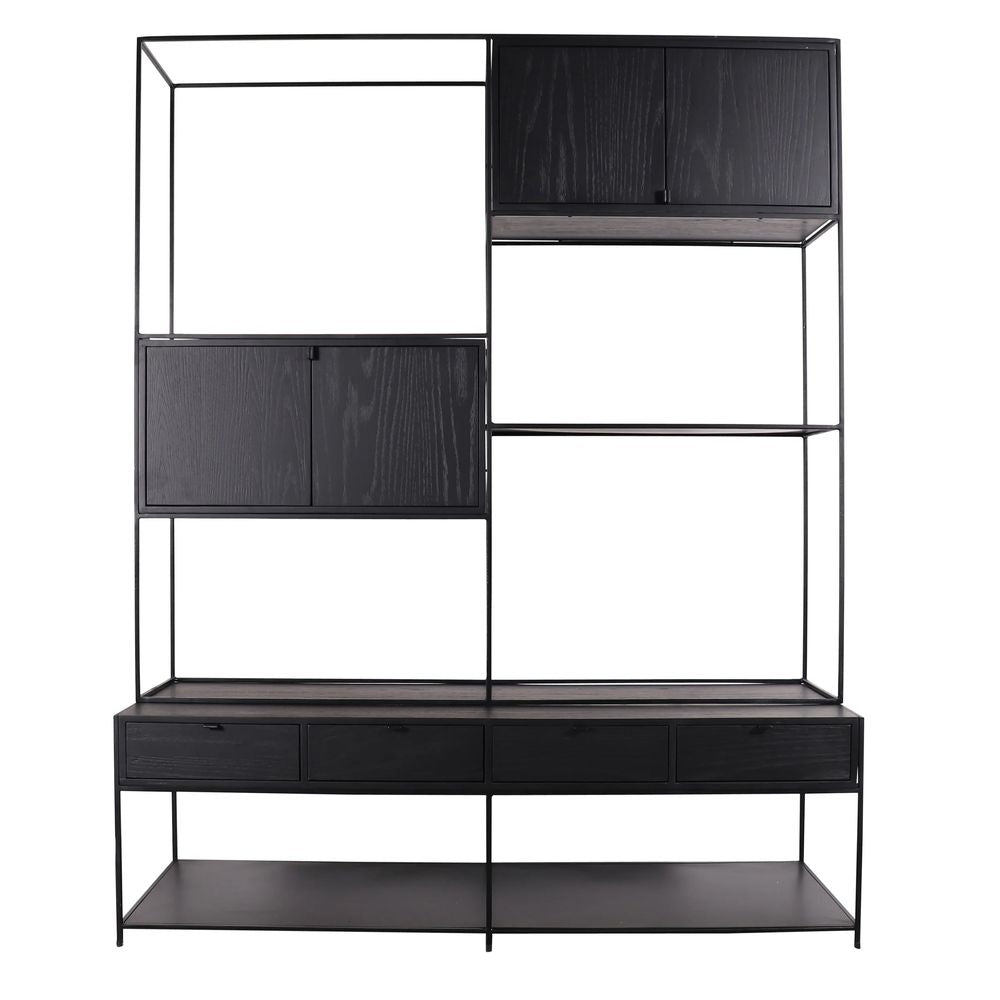 FURNIFIED Wall Cabinet Florentin Metal Black Wood 200cm