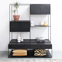 FURNIFIED Wall Cabinet Florentin Metal Black Wood 200cm