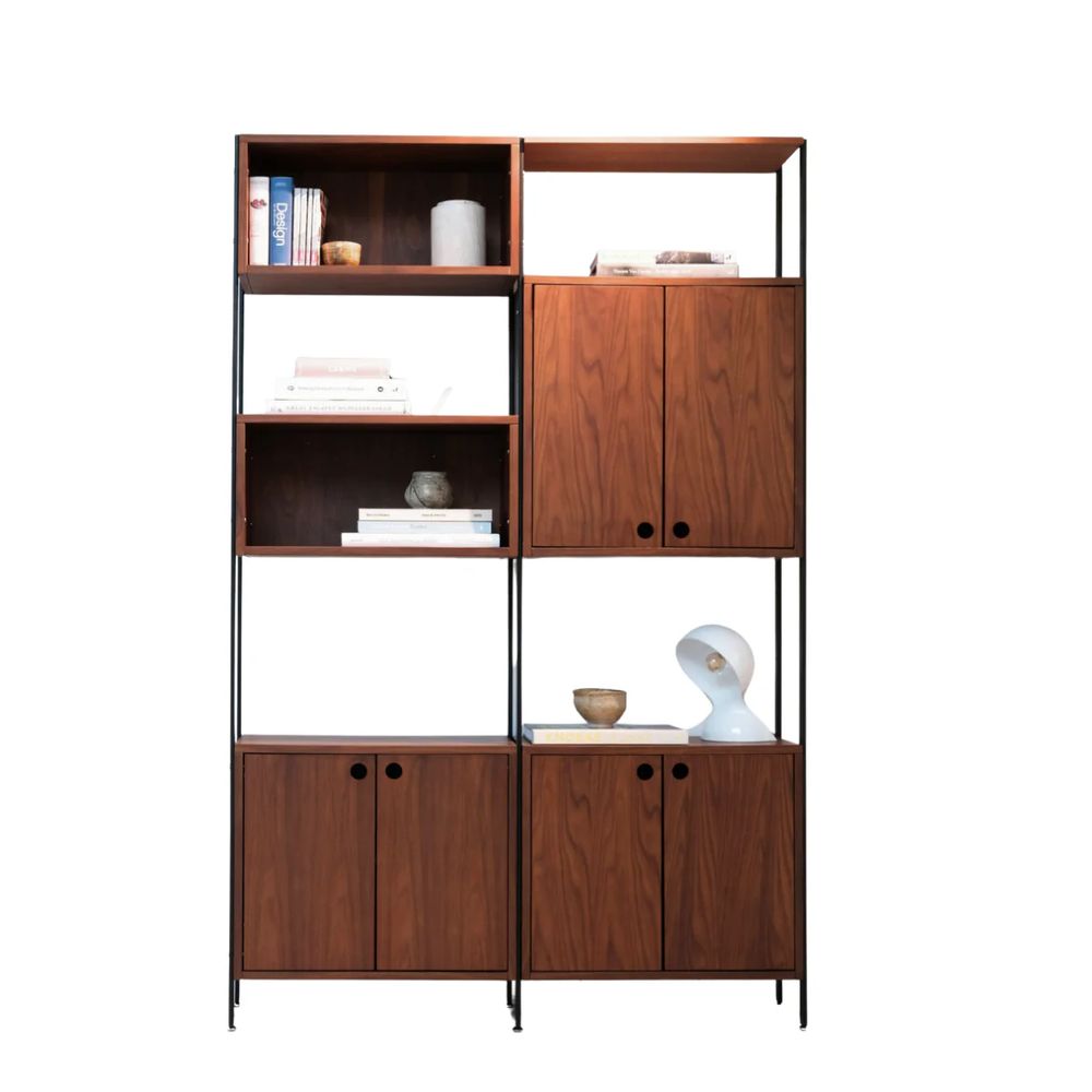 FURNIFIED Wall Cabinet Sarzeau 2 Compartments Black Legs Walnut 190x124cm