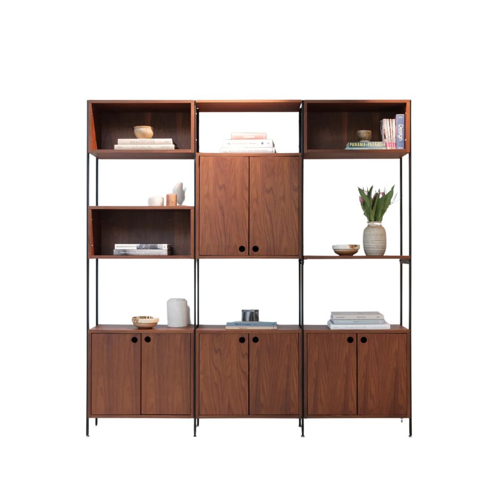 FURNIFIED Wall Cabinet Sarzeau 3 Compartments Black Legs Walnut 190x186cm