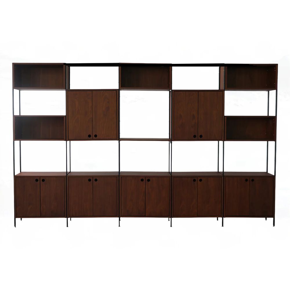 FURNIFIED Wall Cabinet Sarzeau 5 Compartments Black Legs Walnut 190x310cm