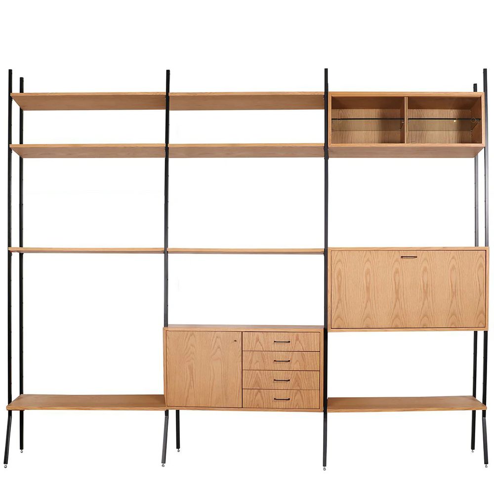 FURNIFIED Shelving Unit Scandinavian Metal Wood 278cm