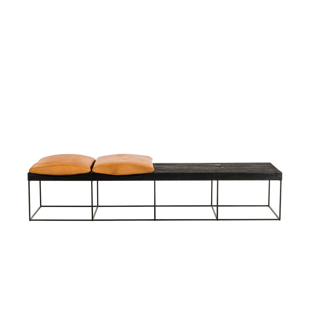 FURNIFIED Bench Leonore Black Wood Cognac Leather 180cm