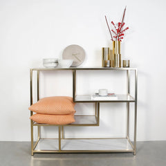 FURNIFIED Shelving Unit Evita White Marble Brass Metal 112cm