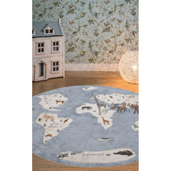 AFK LIVING Kids Rug World Map Washable Blue G ⌀140cm